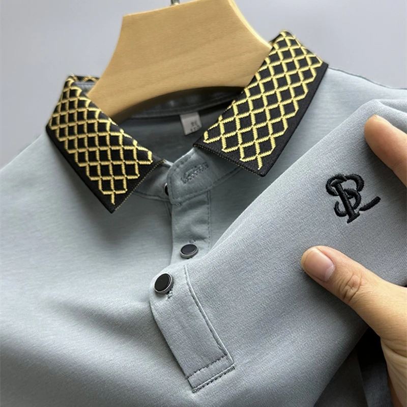 

High fashion embroidered plaid lapel polo shirt men's short sleeve 2023 summer 100% cotton comfortable breathable Paul T-shirt