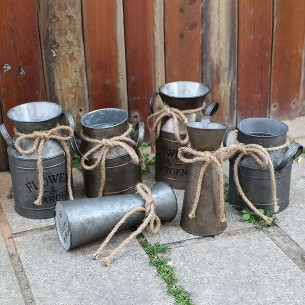 Vintage Metal Milk Can Flower Pot Rustic Iron Bucket Vase Farmhouse Style Decorative Flower Holder for Dried Flowers & Plants