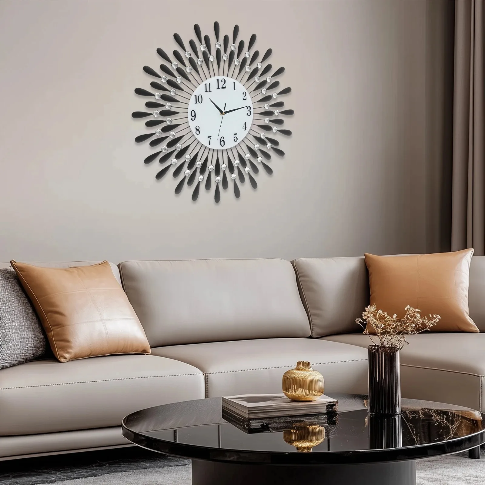 

Elegant Feather Wall Clock, Black Modern Decorative Clock, Indoor Home Office Decor - 24cm Dial & Numbers & Pointers Display