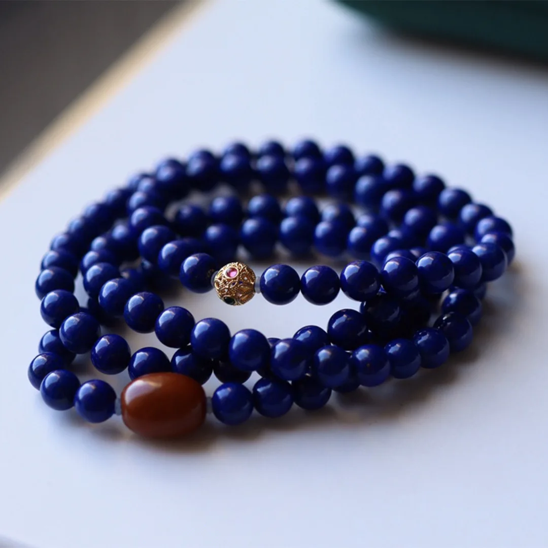 

6mm Natural Lapis Lazuli & Amber Mala Bracelet, 108 Prayer Beads with 18K Gold Hollow Spacers, Buddhist Meditation Jewelry