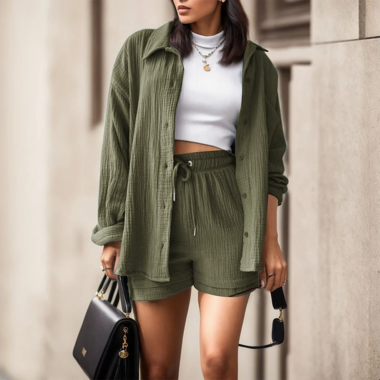 Fashion Set Womens Shorts Set Long Sleeve Shirt Suit Shorts Two Piece Set Basic Shirt Top And Shorts Set Casual Shorts Sets