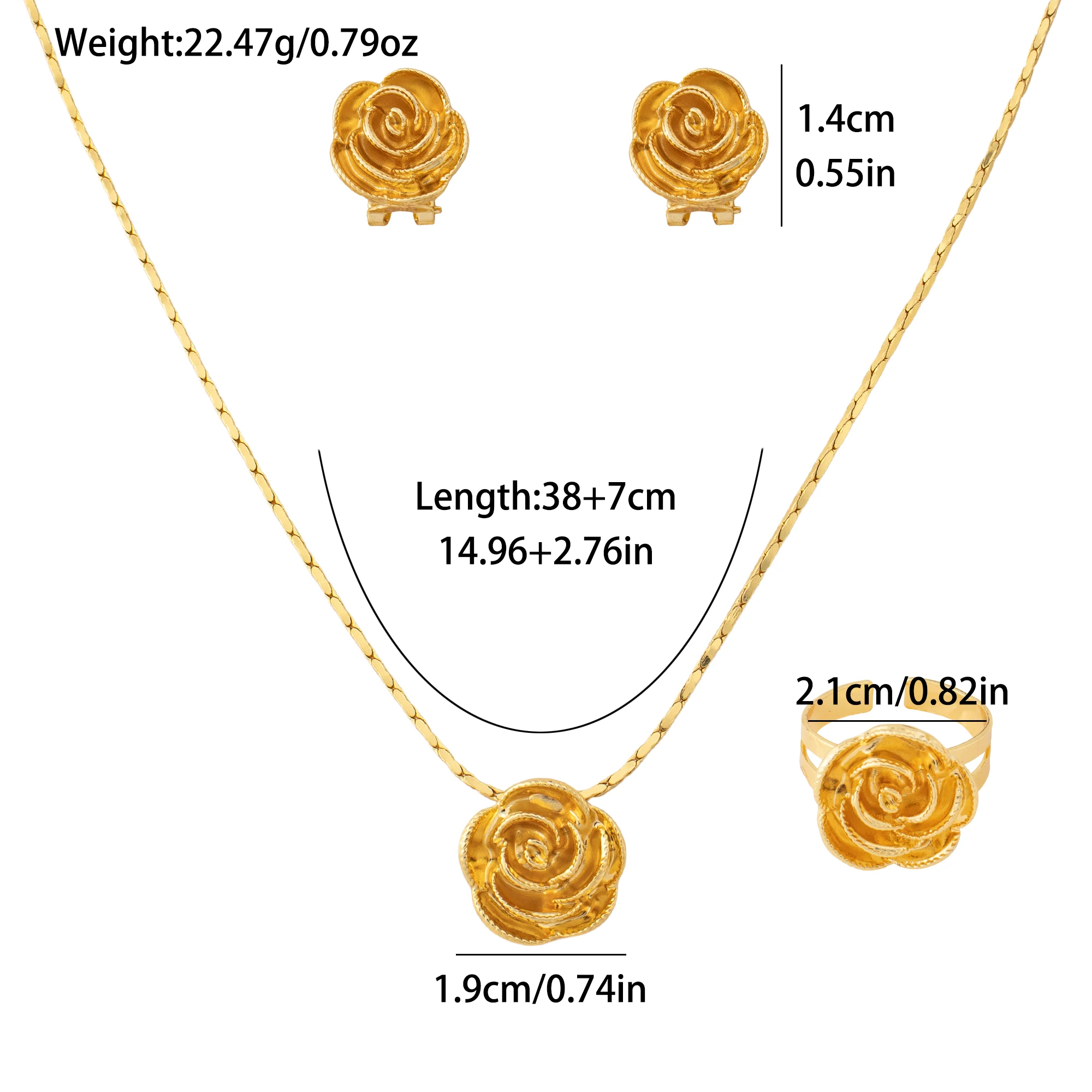 YM Jewelry 3-teiliges Schmuckset mit goldenen Rosenblüten, bestehend aus Halskette, Ohrringen und Ring, eleganter Schmuck für Damen, geeignet für formelle und alltägliche Anlässe, Geschenkidee. – Detail 2