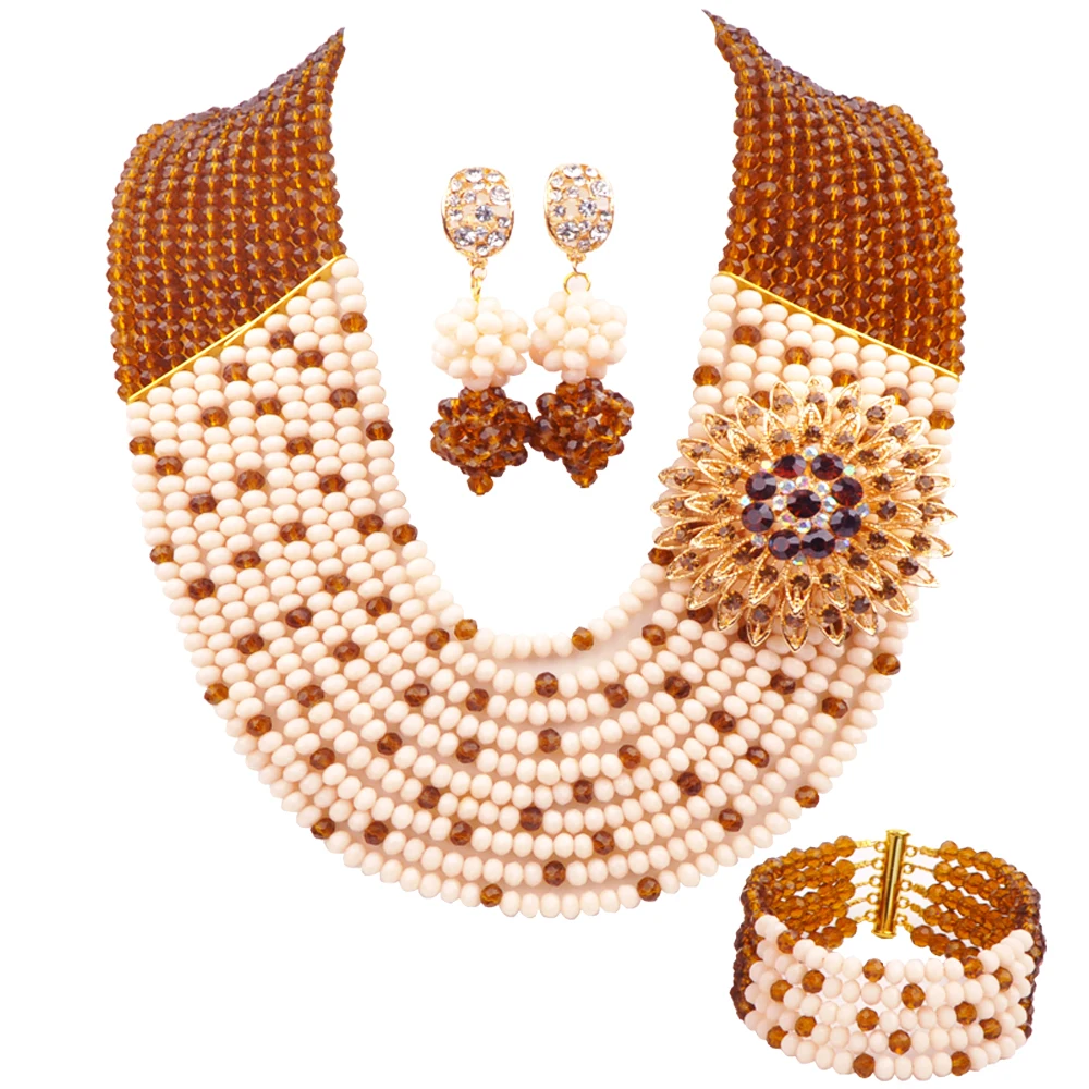 Laanc Brown & Beige Crystal Bead Costume Necklace African Jewelry Set