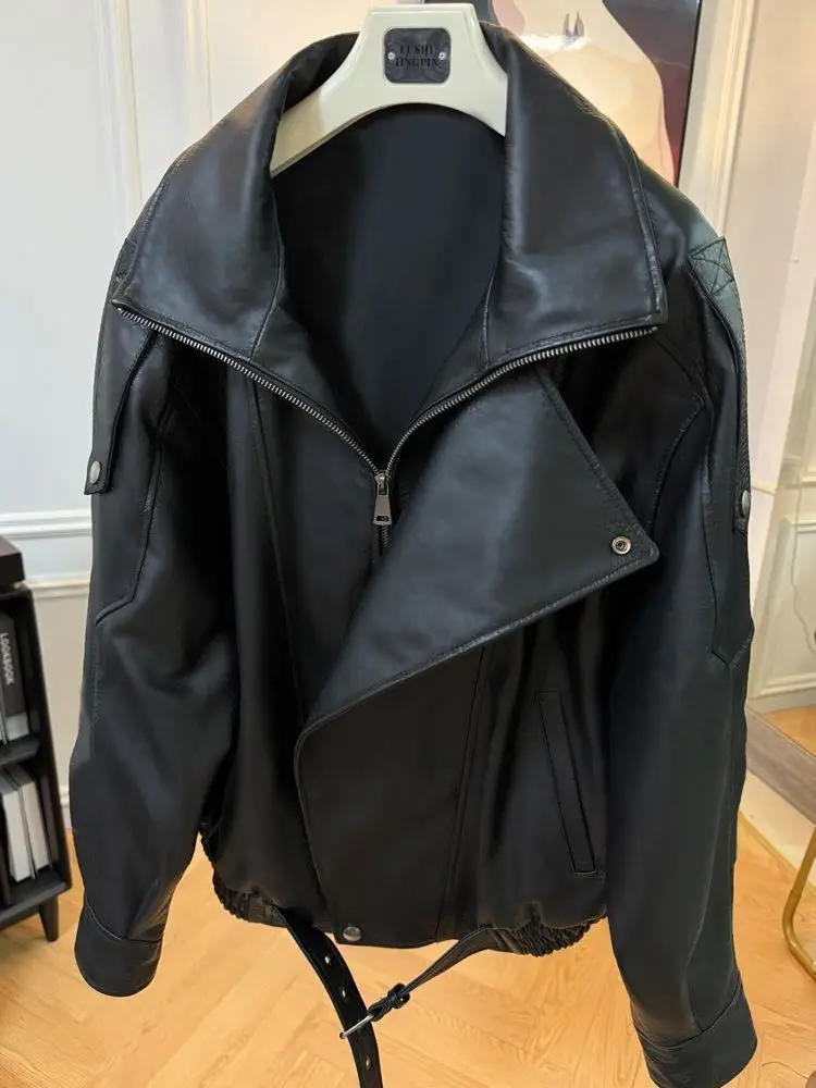 Dámská nadměrná kožená bunda z jehněčí kůže, volná, motocyklový styl, svrchní oblečení na začátku podzimu, jednoduchý design, luxusní nová, horká výprodej - náhled 6
