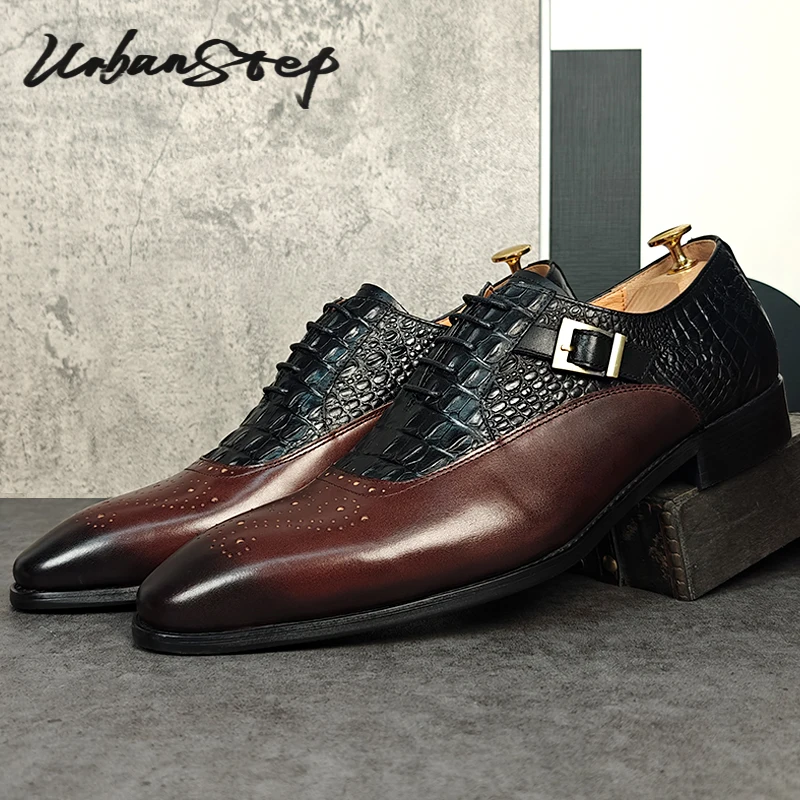 

Classic Luxury Mens Oxford Shoes Lace up Pointed Toe Brown Black Crocodile Print Men Dress Shoes Party Wedding Leather Shoes Men