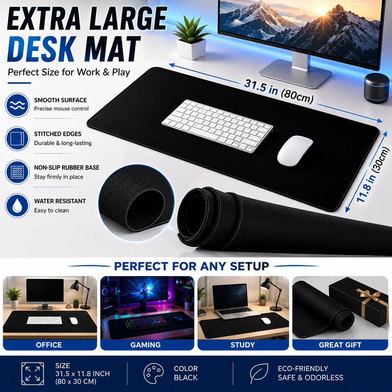 Large 90x40cm Gaming Mouse Pad Extended Desk Mat with Stitched Edge Non-Slip Rubber Base for PC Laptop Office And Home Use