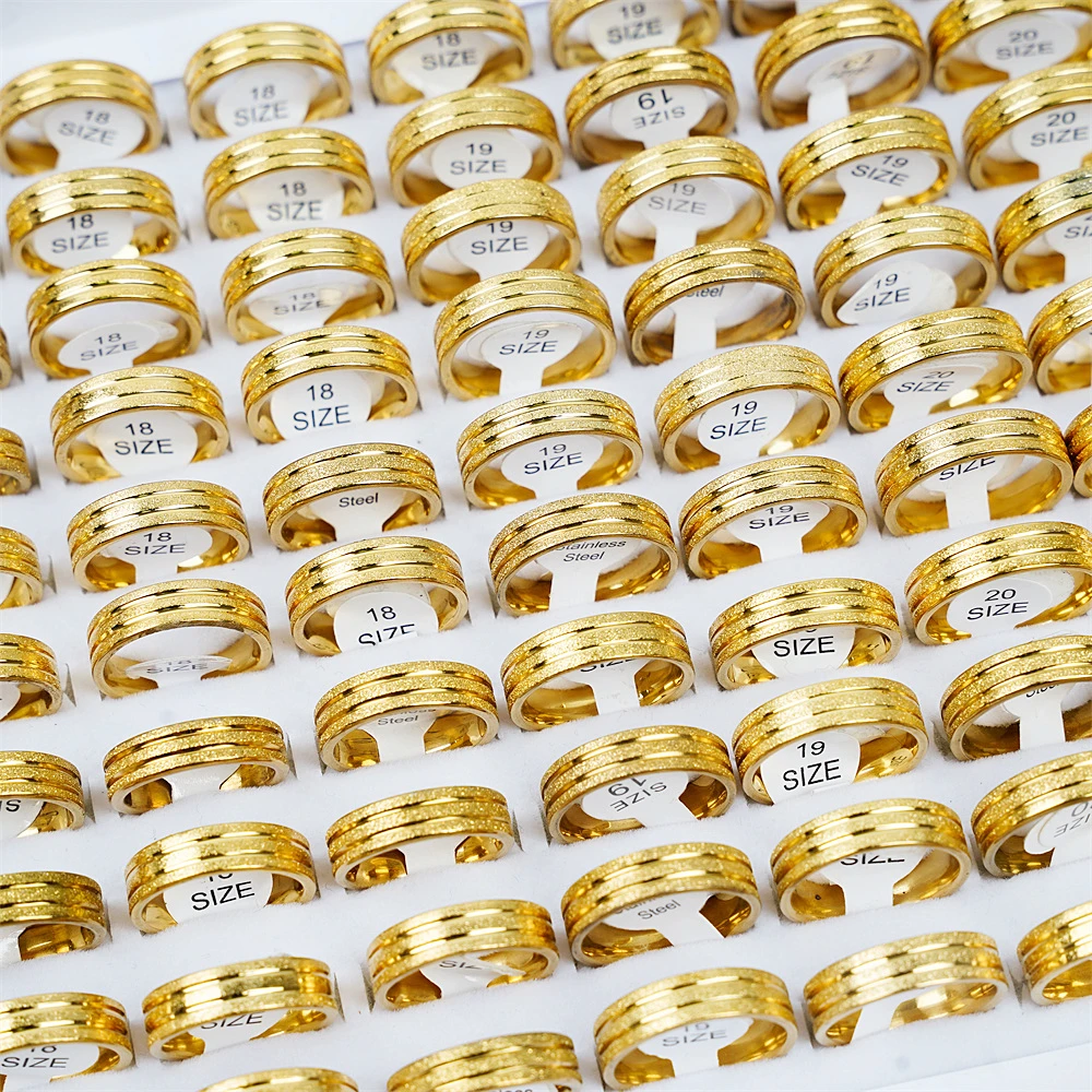 20Pcs/Lot Fashion Frosted Stripe Gold Plated Stainless Steel Rings Jewelry For Women Men Lover Couple Party Gifts Wholesale