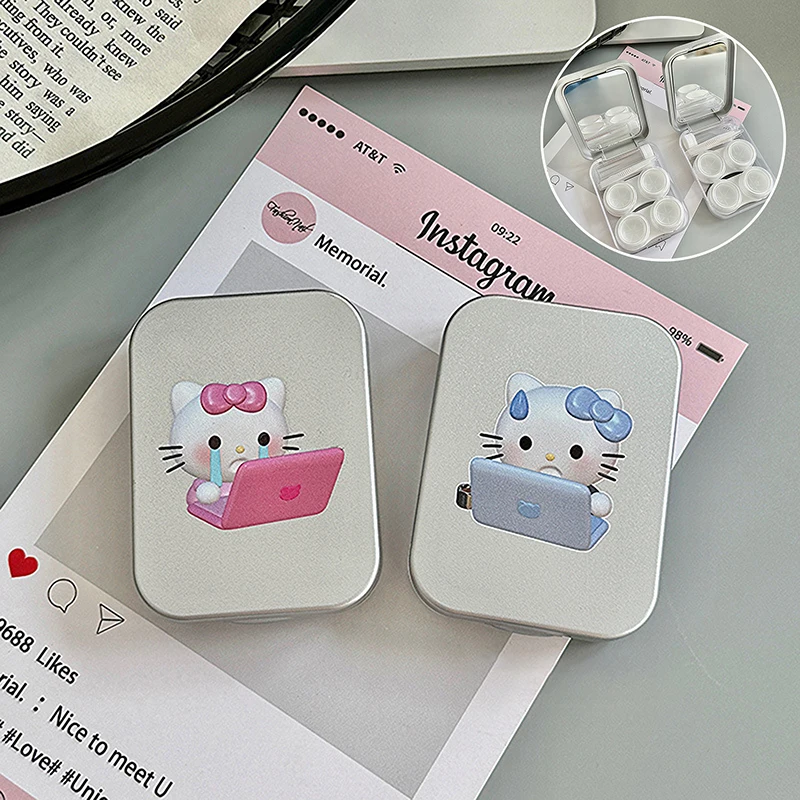 Cartoon Sanrio Silver Contact Lenses Care Case With Mirror Portable Hello Kitty Contact Lenses Storage Case Girls Travel Gifts