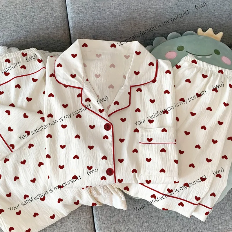ZOCI-Damen-Sommerpyjama, dreiteiliges Set, lässiger Pyjama, kurzärmliges Revers, süßer Herzdruck, lockere Loungewear