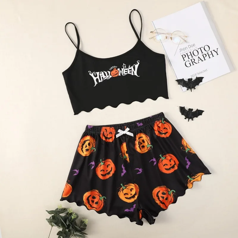 

2Pcs/set Sexy Pajamas Women's Halloween Mother's Printed Camisole Tank Top Pumpkin Shorts Skirt Homewear Student Sleepwear Women