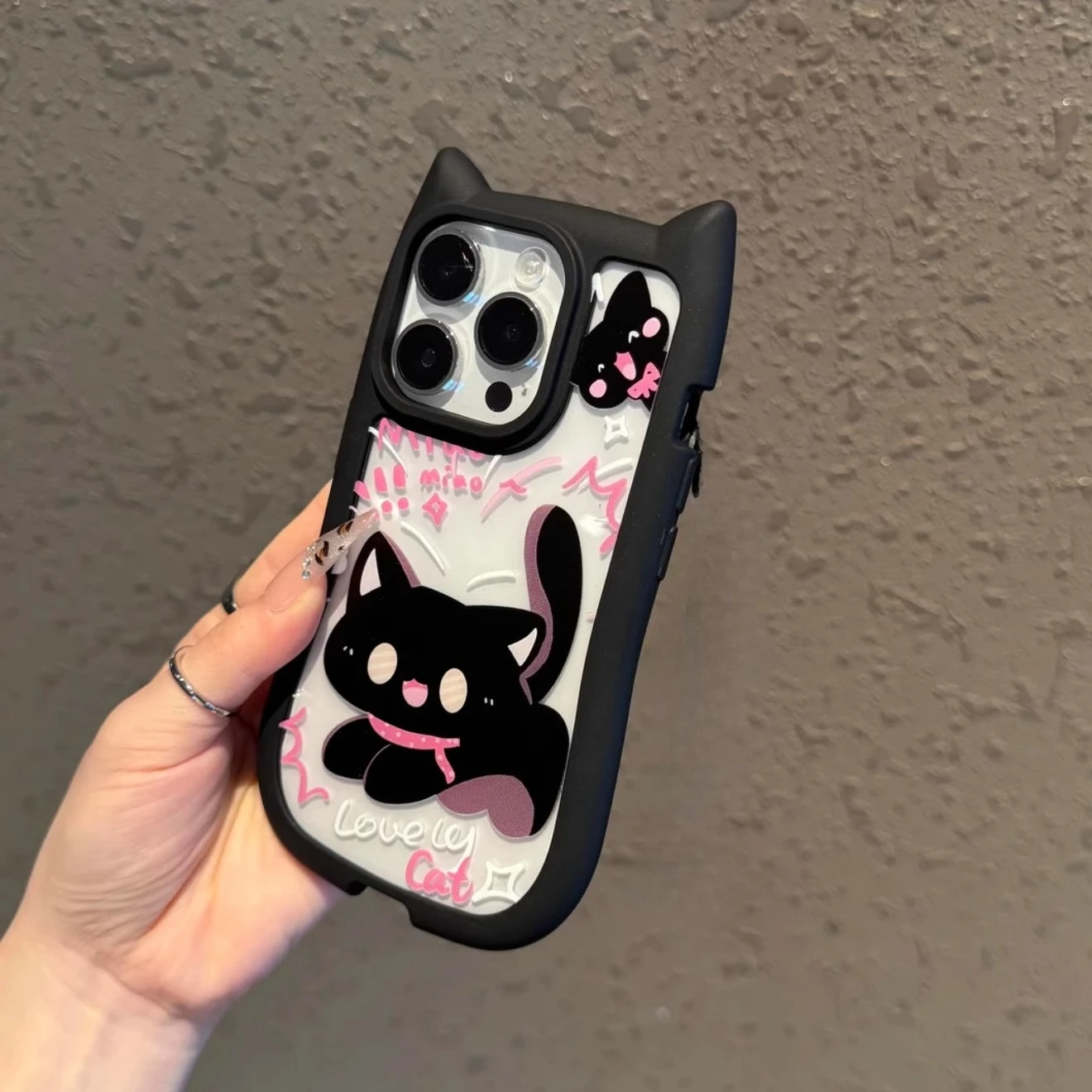 Capa de telefone tridimensional com orelha de gato cachecol rosa adequada para iPhone 16 15 14 13 12 11 Pro/ Max/Plus à prova de choque