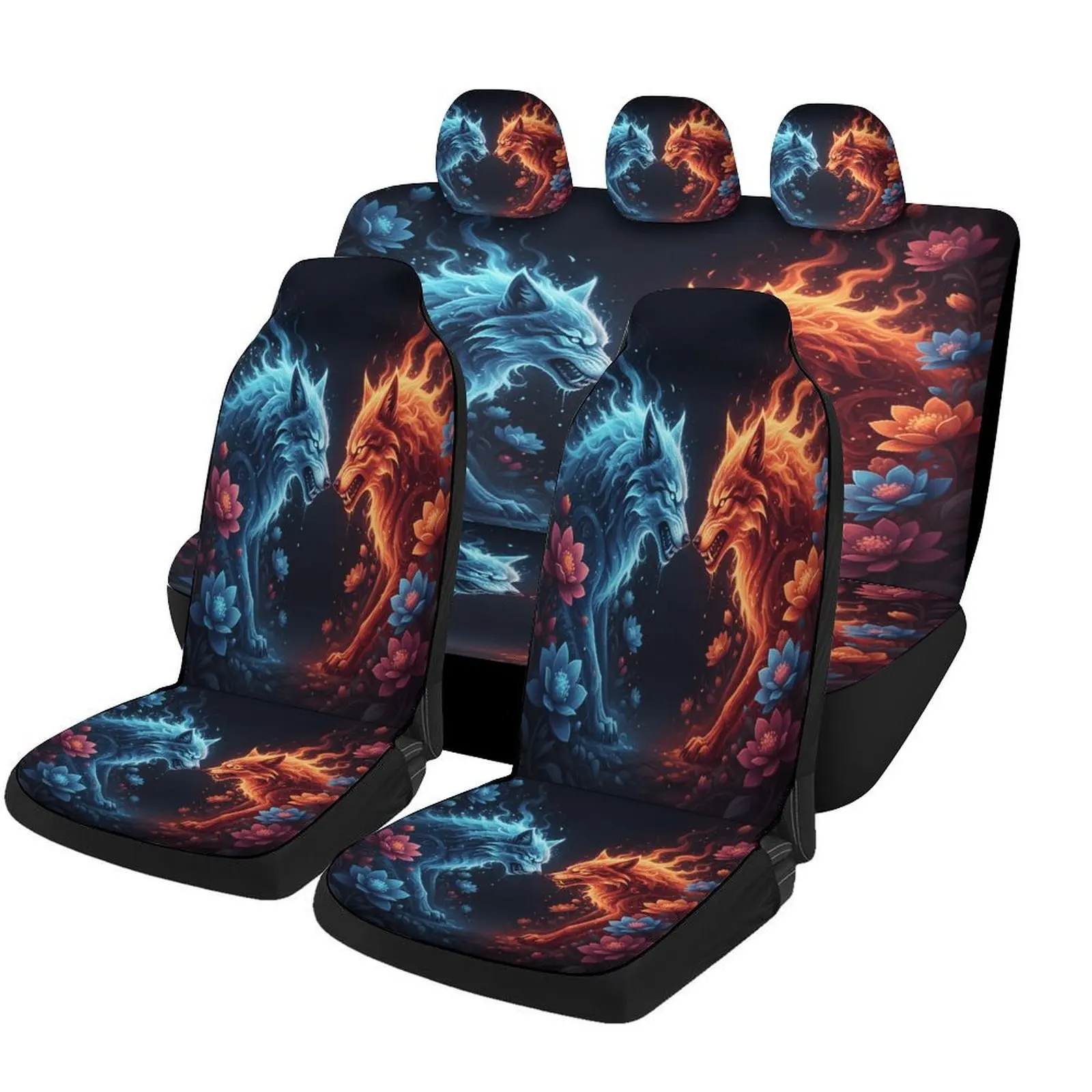 Set Of Car Covers Featuring Fire And Ice Wolves, Suitable For Various Vehicles. Stylish And Breathable, These Decorative Covers
