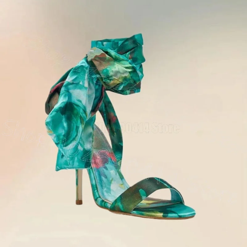 

Cyan Floral Print Silk Open Toe Twine Sandals Lace Up Women Shoes Thin High Heels Fashion Party Dating 2026 Zapatos Para Mujere