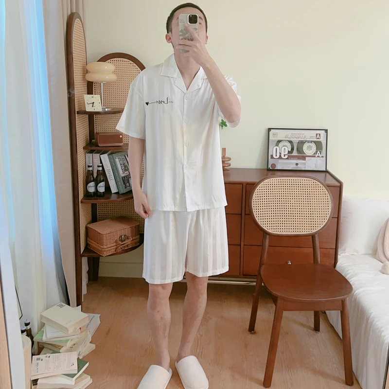 DAIMELU simple pajamas men's summer short-sleeved cold silk cool feeling loose plus size loungewear suit women's sleepwear set