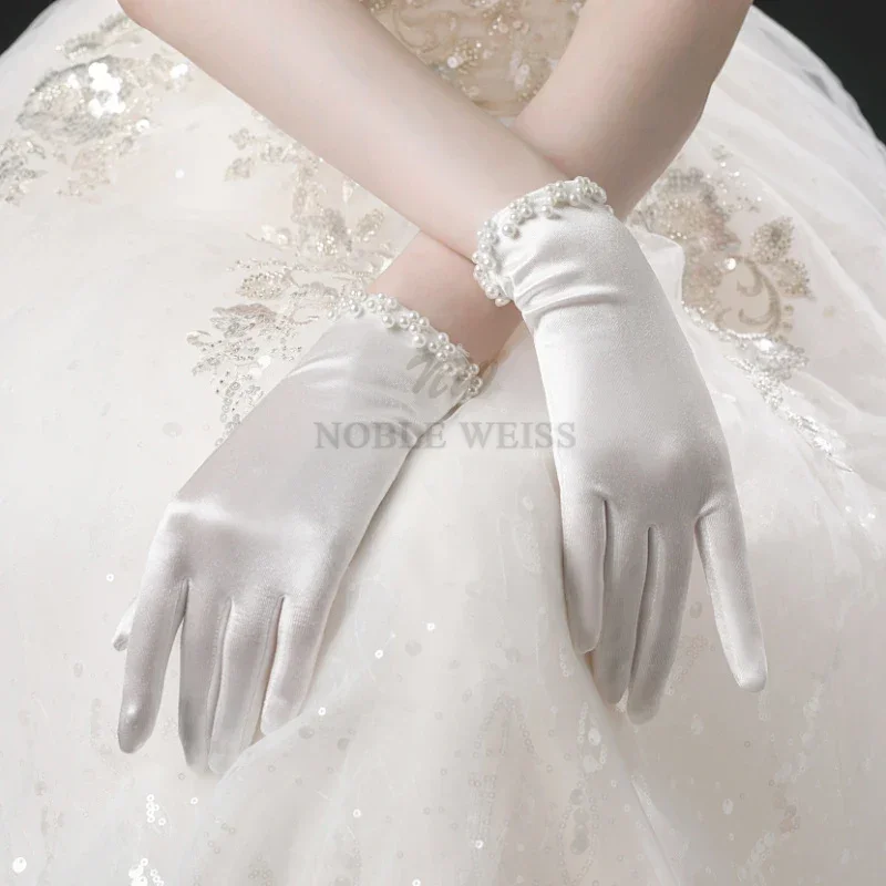 Elegant Women Wedding Bridal Short Gloves Full Finger Pearls  Wrist Length Costume Prom Party Gloves Customized