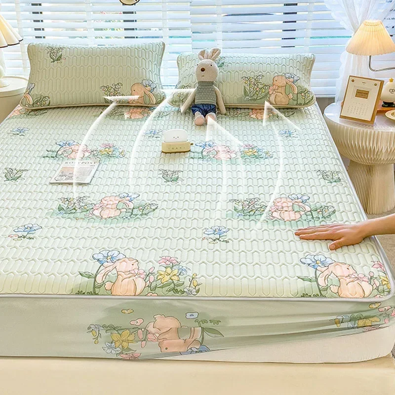 3Pcs Summer Natural Latex Cooling Mat Set Cartoon Printed Fitted Sheet with Pillowcase Soft Non-Slip Bedding with Elastic Band
