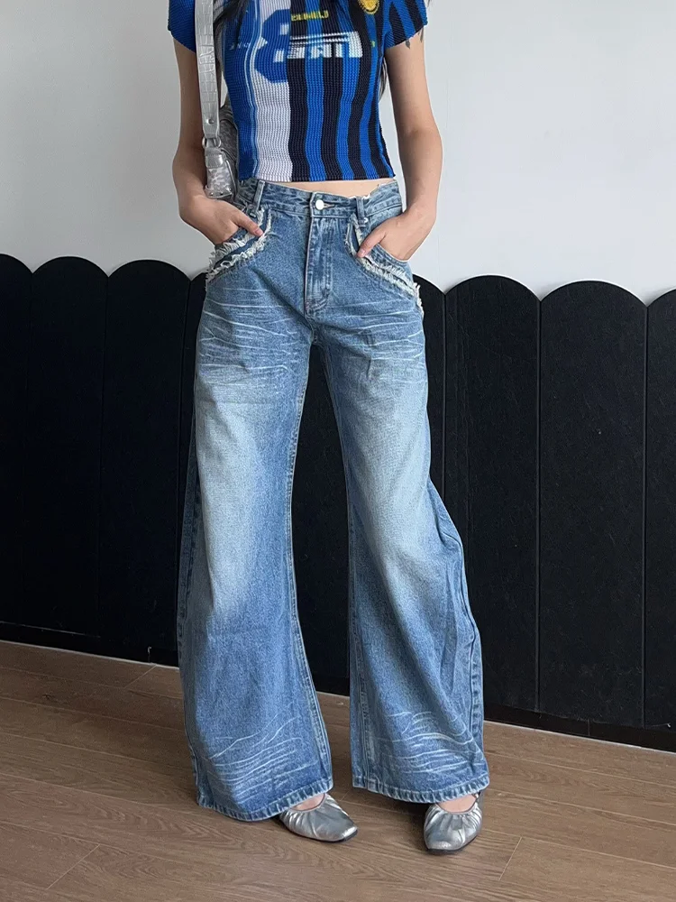 

Large Size American Vintage Pocket Wide Leg Jeans Women Autumn Winter Trend Loose Slimming Casual Pants High Waist Denim
