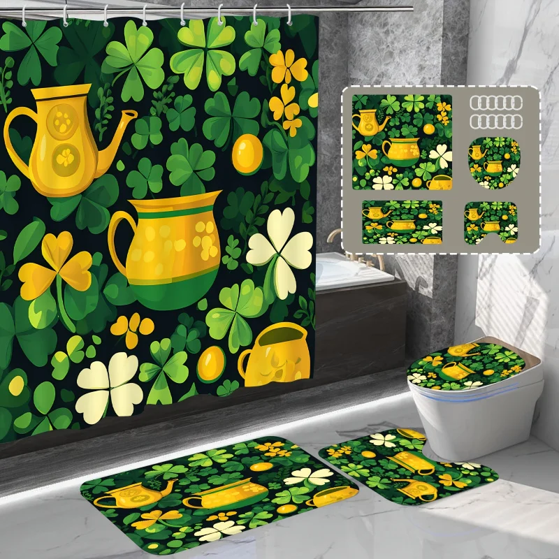 1pc/4pcs St. Patrick'S Day Bathroom Set - Water-Resistant Four-Leaf Clover Shower Curtain, Non-Slip Rugs, U-Shaped Toilet Mat &