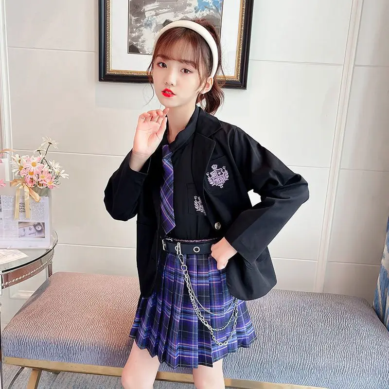 

Girls' Long-Sleeved Jk Uniform Suit Children's Cotton College Style Student Blazer Coat Shirt Pleated Skirt 3-Piece Set LE531