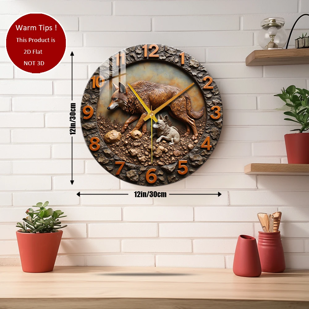 Tempered Glass Wall Clock Wolf And Cub Carving Suitable For Wall Decor or Tabletop Display Anywhere