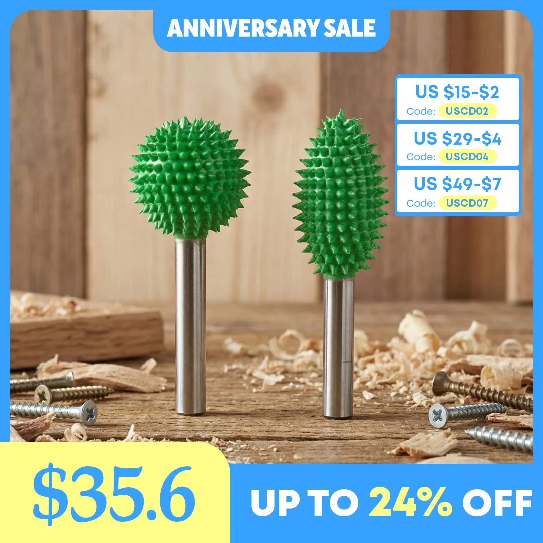 

2 Pcs Tungsten Carbide Rotary Burr Kit 1/4" Shaft Extreme Coarse Wood working Attachment for Graining Tools Sphere Flame Carving