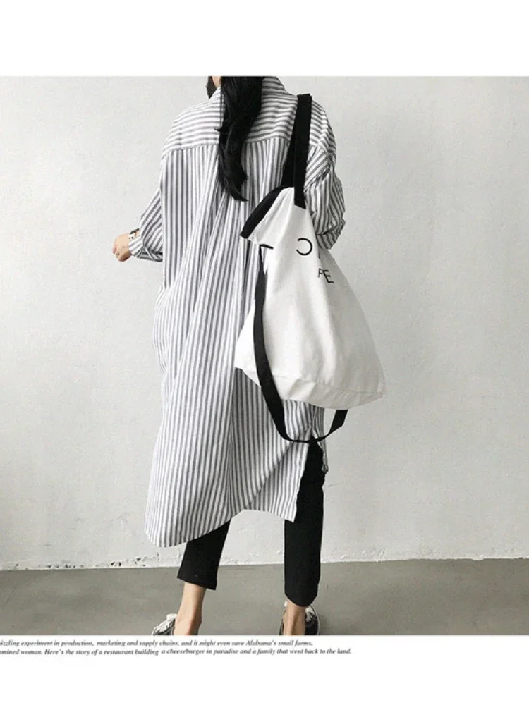 JMPRS Fashion Mid-length Striped Shirt Skirt Women Spring Casual Button Up Long blouse Female Korean Lazy Style  Blusas Mujer