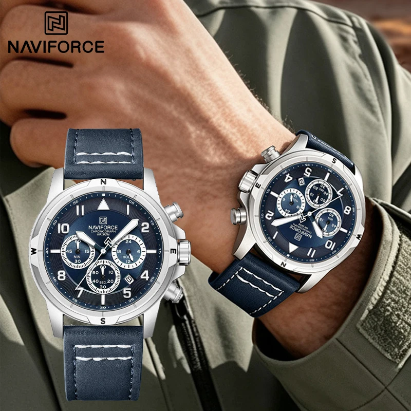 NAVIFORCE Fashion Male Mature Style Watches Quartz Waterproof Chronograph Leather Strap 24 Hour Clocks Business Man's Wristwatch