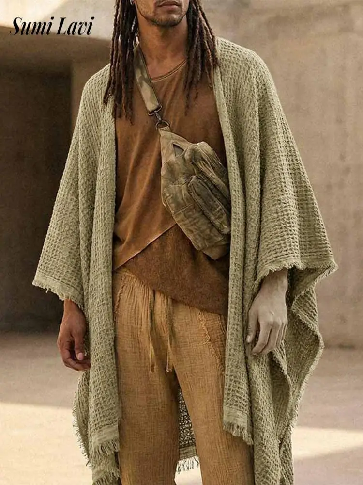 

Vintage Mens Solid Color Loose Capes Casual Breathable Shawl Cardigans Men 2026 Summer Boho Retro Tassel Design Cardigan Tops