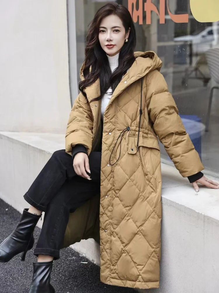 Winter Warm Coat Fashion Rhombus Long Down Jacket Hooded Drawstring Warm Coat 2024 New Casual Versatile Long Parka Coat