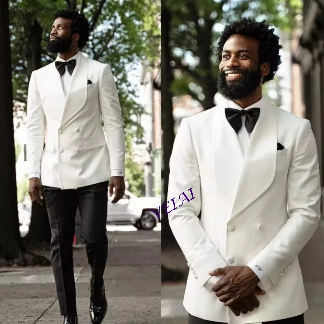 

Формальные белые смокинги для жениха и шаферов, двубортные мужские костюмы с шалевым воротником, 2 предмета, для свадьбы, с черными брюками, на заказ