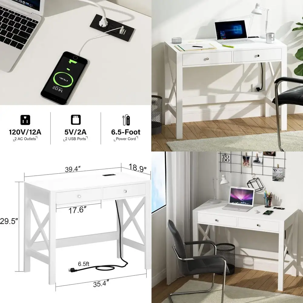

39 White Home Office Desk with USB Ports, Power Outlets, and Drawers for Efficient Studying