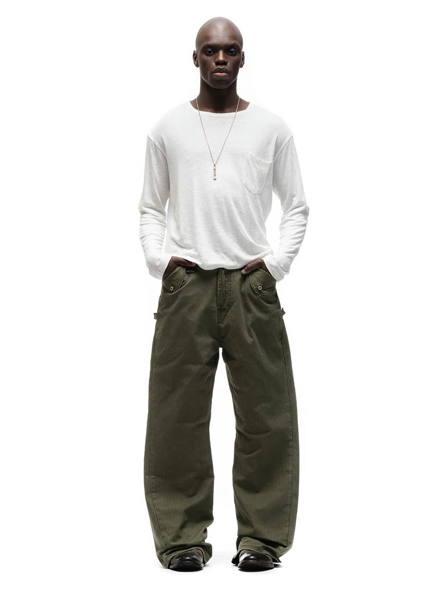 

No Faith Studios Military Green Workwear Pants Washed Paris Button Shaped Casual Loose Fit Wide Leg Cotton Trousers