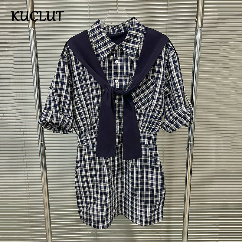 

KUCLUT 2025 Fashion Plaid Contrast Color Lapel Shirt Dresses For Women Single-breasted Short Sleeve Dress Female Trendy 1A303