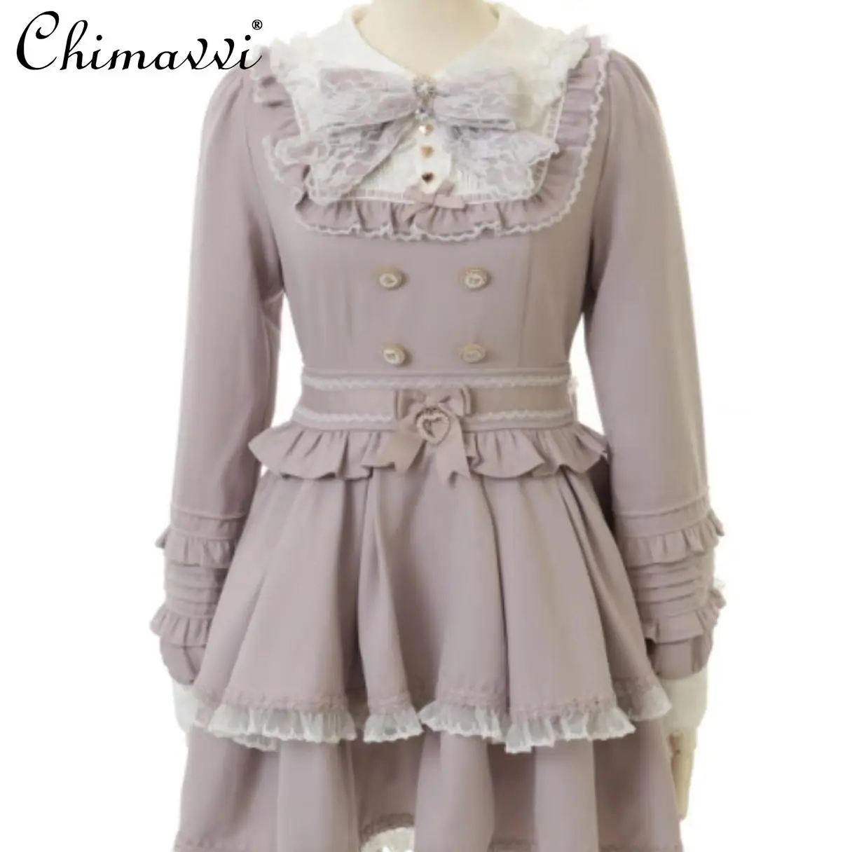 Autumn Winter New Japanese Mine Lace Double-layer Skirt Slim Dress Sweet Bow Long-sleeved Girl Ladies Cute Lolita Liz Dresses