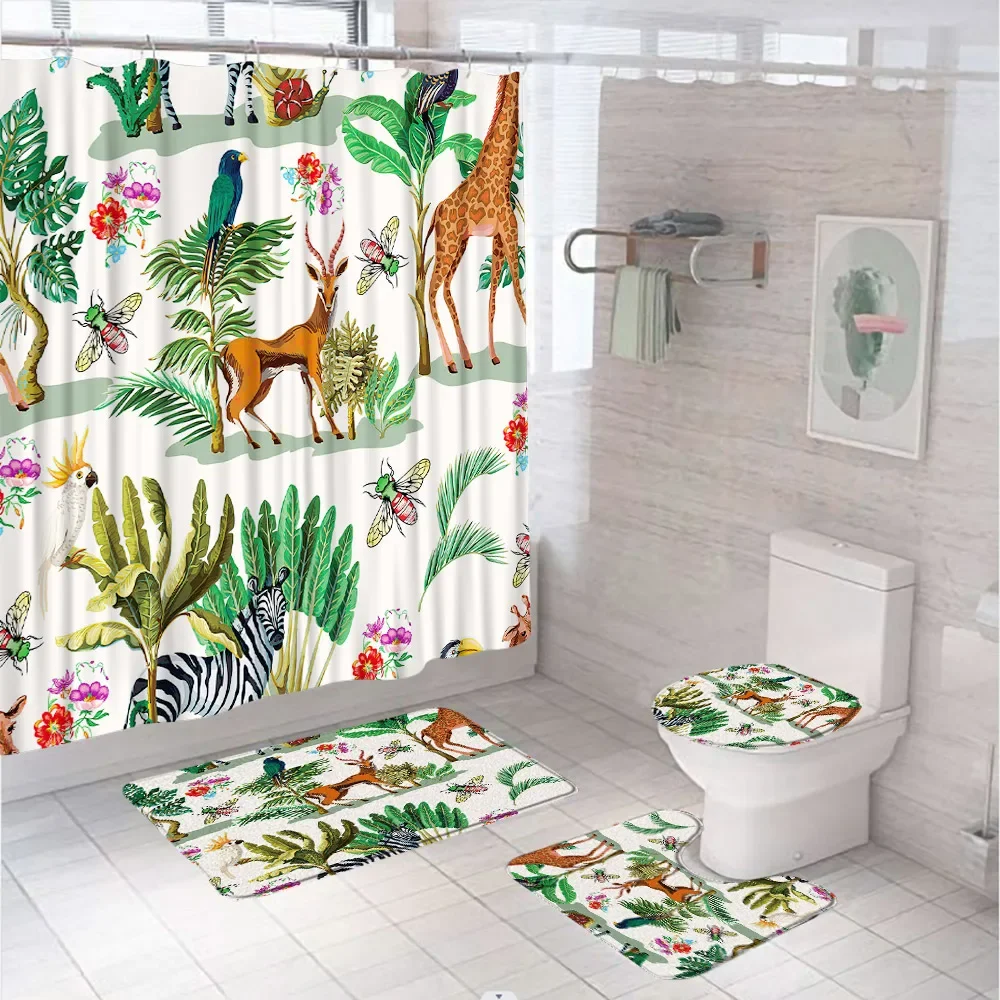 Tropical Leaves Animal Shower Curtain Set Antelope Giraffe Bee Parrot Flower Zebra Kids Bathroom Decor Bath Mat Rug Toilet Cover