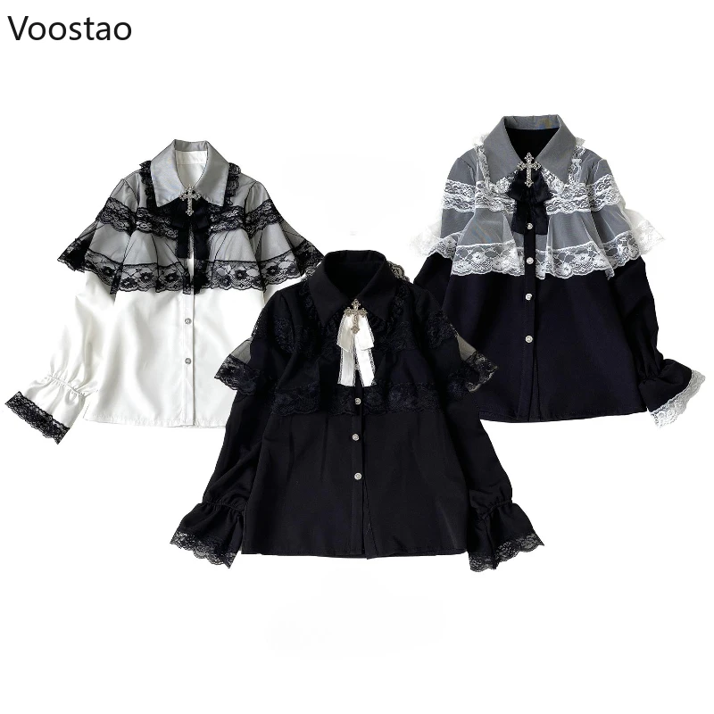 Gothic Y2k Lolita Style Shirts Women Kawaii Lace Ruffles Long Sleeves Blouse Female Japanese Victorian Vintage Clothes Cute Tops