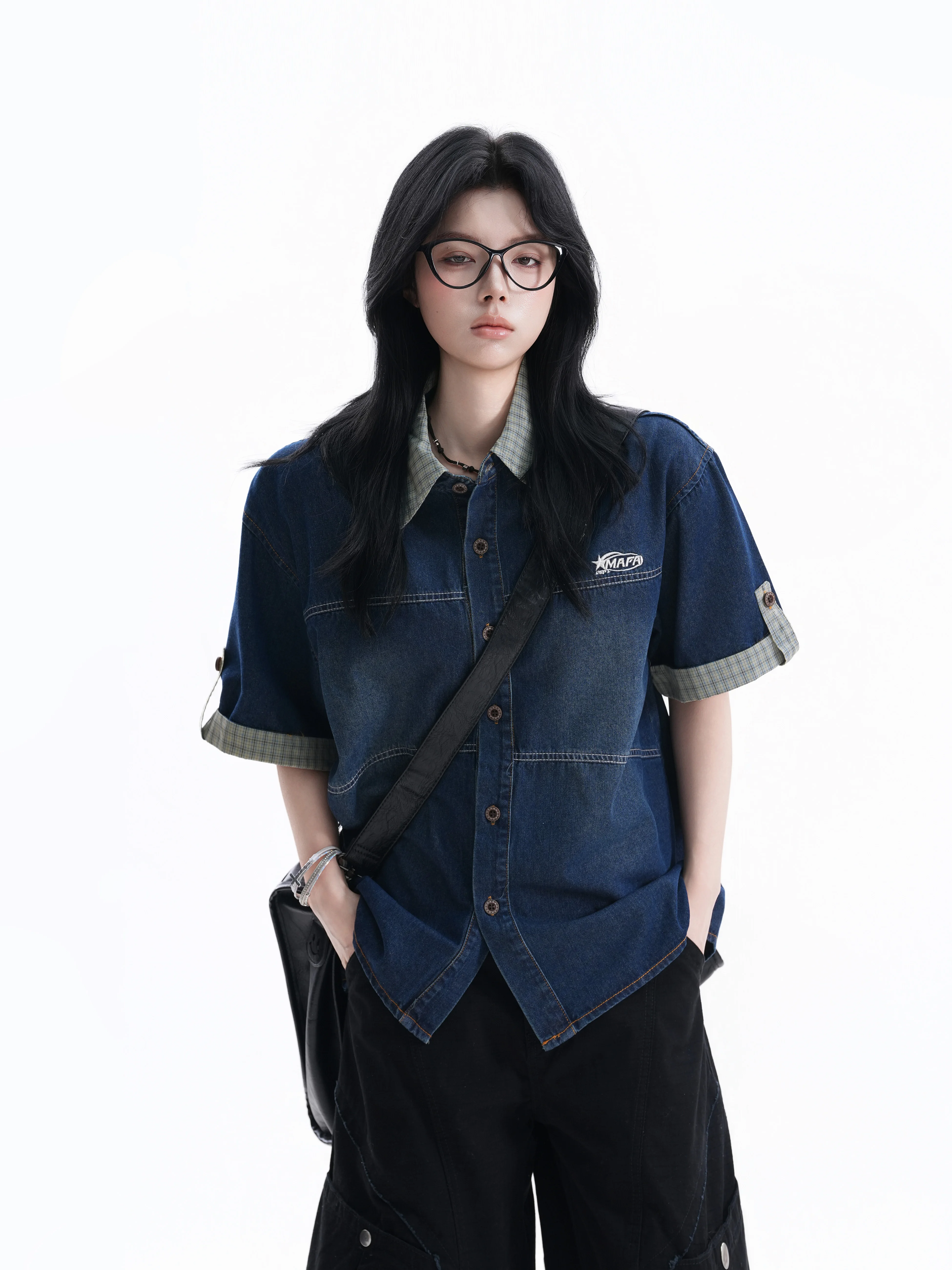 

Retro American Plaid Collar Denim Short Sleeve Loose Shirt Women's Design Casual Cotton Summer Fashion Youth Leisure Top