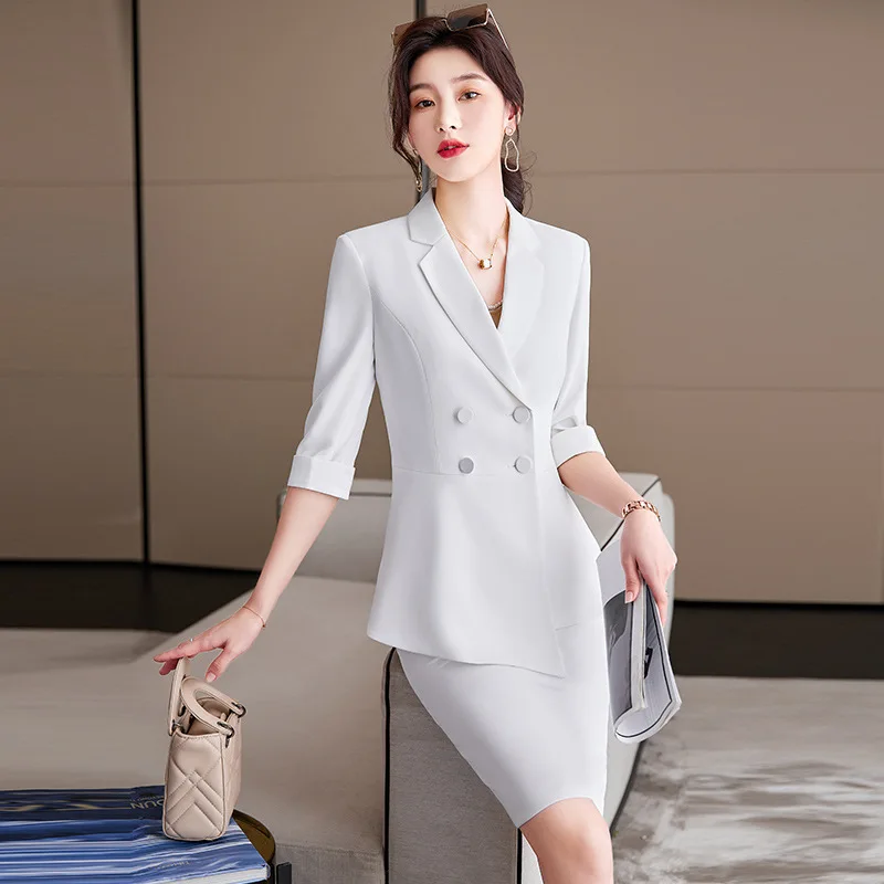 

S-4X High-end Women's White Suit Skirt Office Professional Wear 2022 New Summer Thin Double Breasted Ladies Jacket Slim Skirt