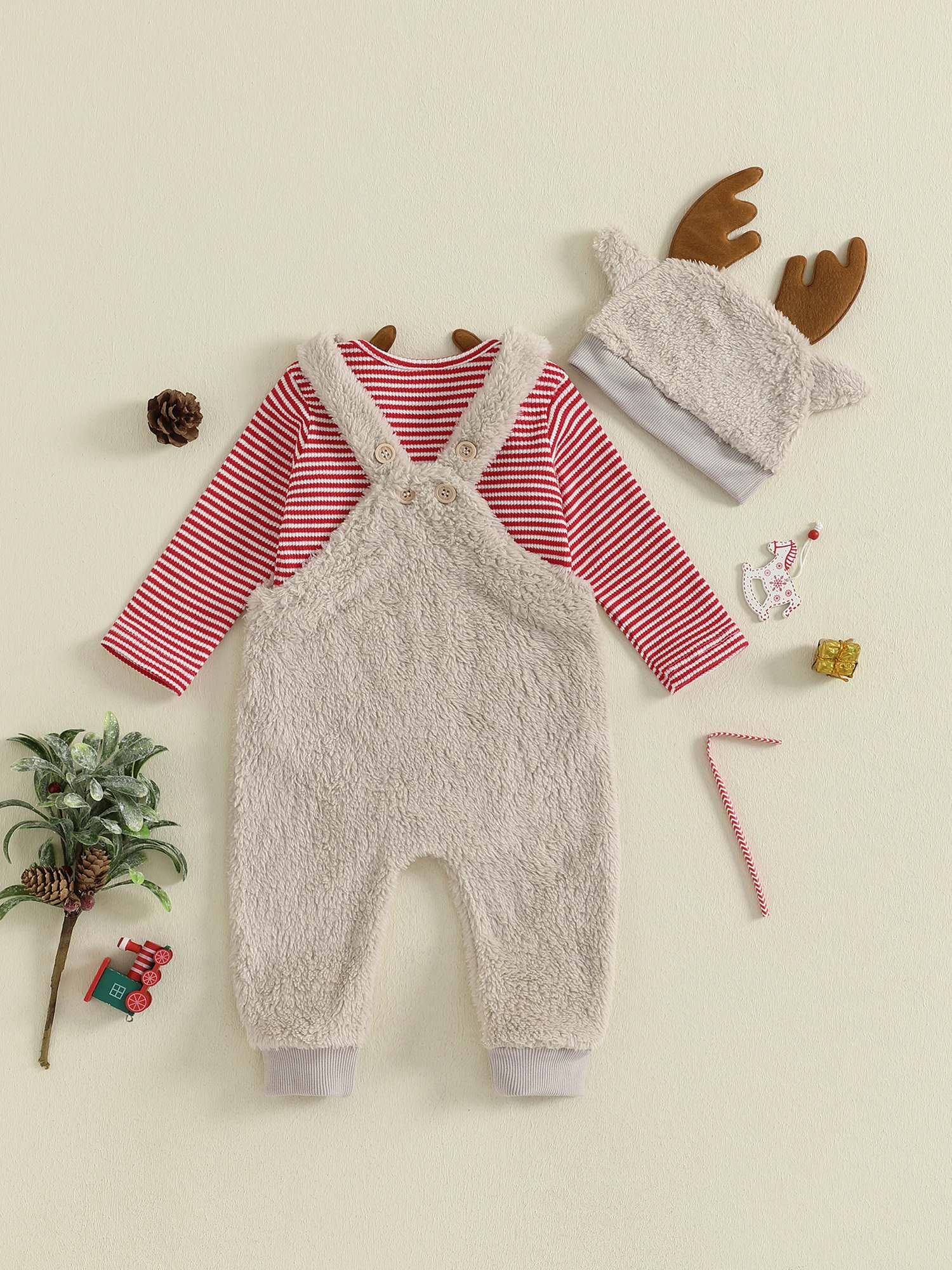 

Уютный вязаный комбинезон для малышей с праздничным принтом оленя, мягкий флисовый комбинезон и подходящая шапочка-бини, комплект из трех предметов