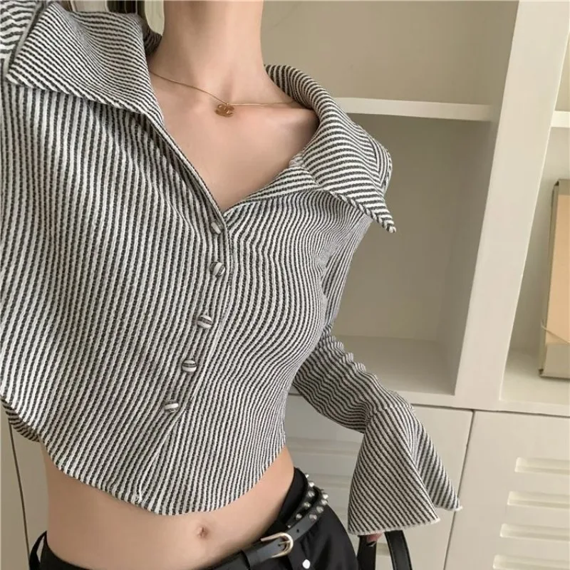 QWEEK Women Striped Cropped Vintage Shirts Korean Style Flare Sleeve Sexys Gyaru Chic Short Blouses Youthful Autumn Clothes