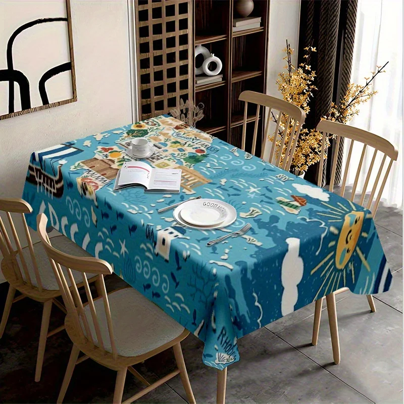 Cute Watercolor Picnic Scene Tablecloth Waterproof Spillproof Dining Table Cover for Kitchen and Outdoor Use