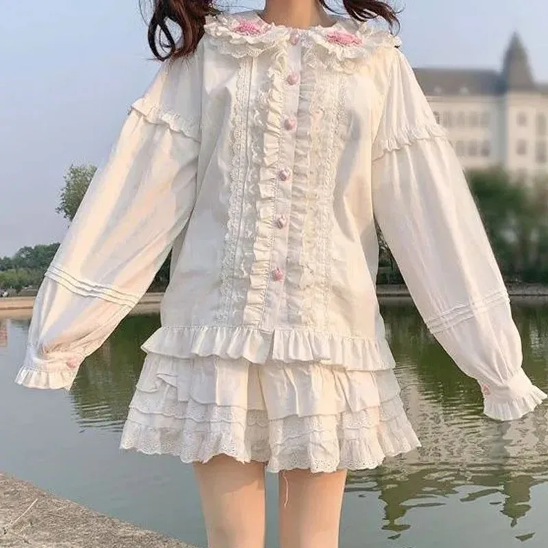 

Японские блузки Kawaii Lolita, милые рубашки с воротником Питера Пэна JSK, топы для девочек, милая кружевная блузка с оборками и длинными рукавами, блузка для переодевания