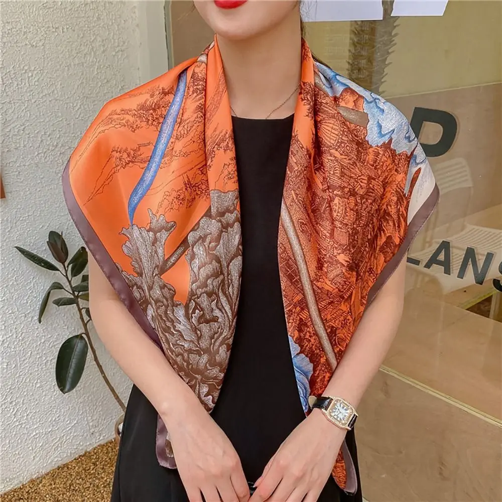 Women Luxury Silk Scarf Breathable Print Beach Shawl Smooth Sun-Resistant Hijab