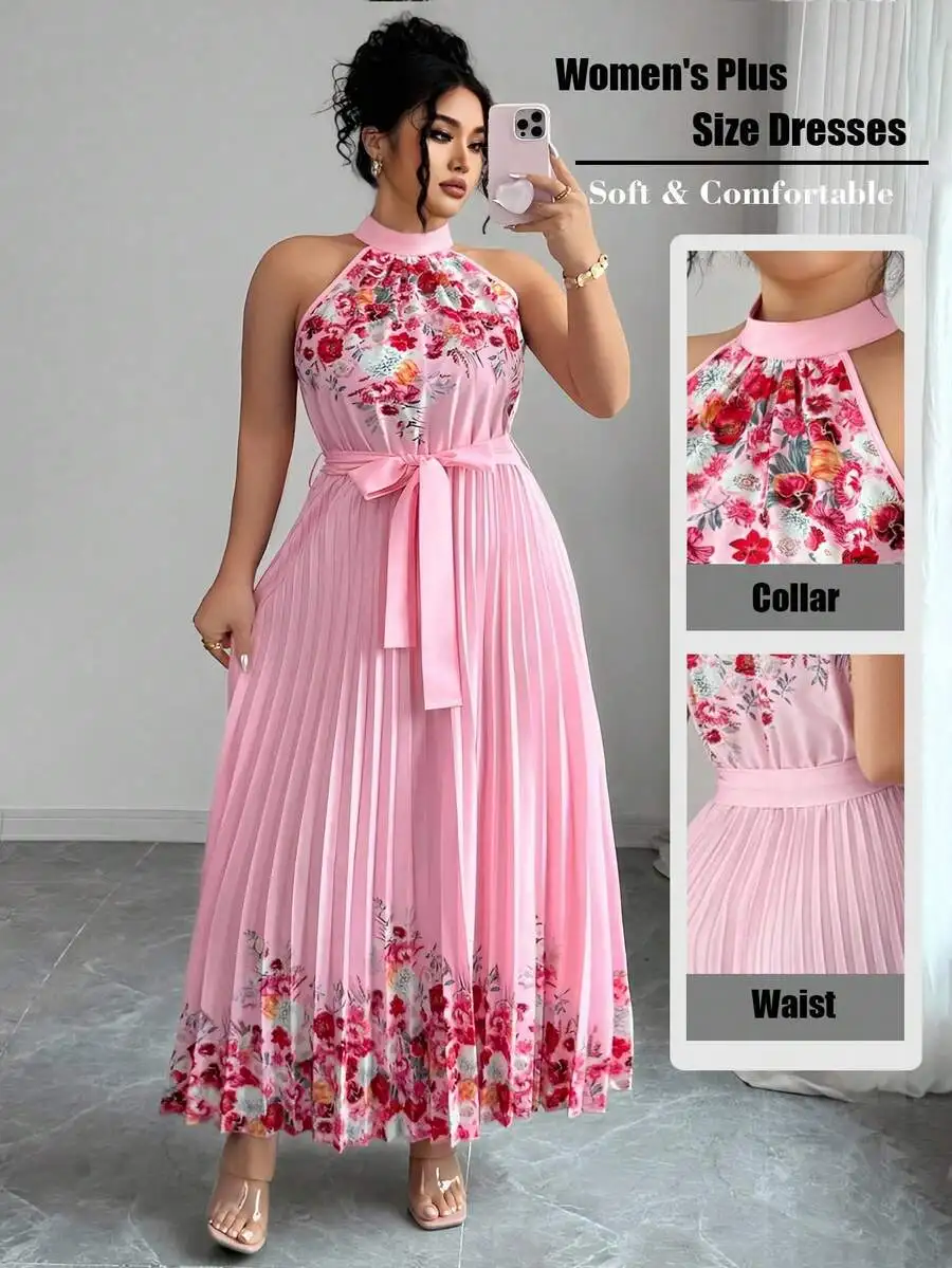 

Pink Floral Halter Neck Pleated Maxi Dress with Waist Tie