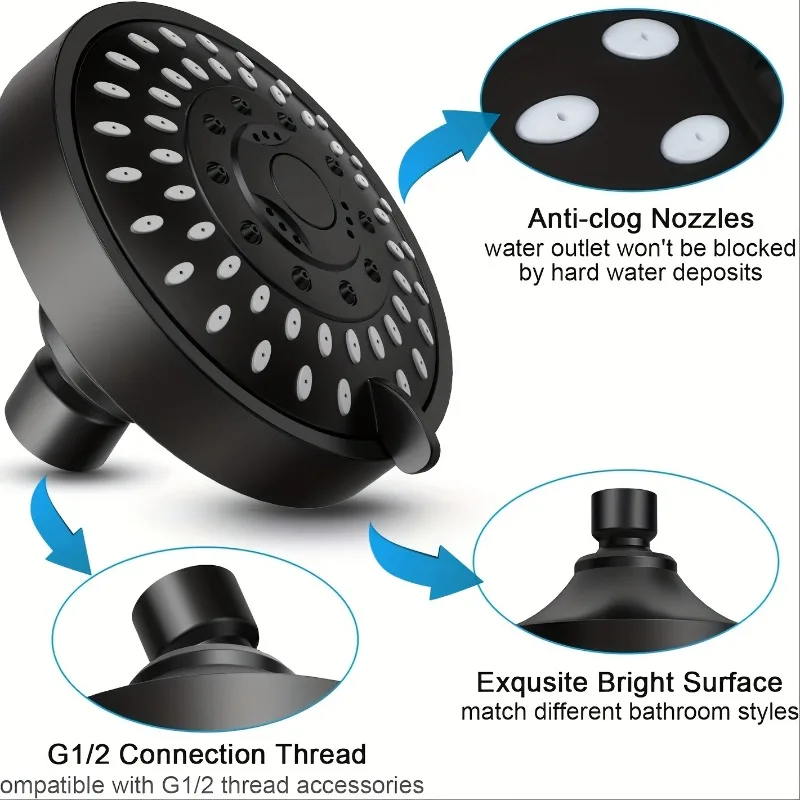 رأس دش 4 بوصة مع 5 أوضاع - متعدد الوظائف، مثبت على الحائط، تصميم دائري لتجربة استحمام محسنة