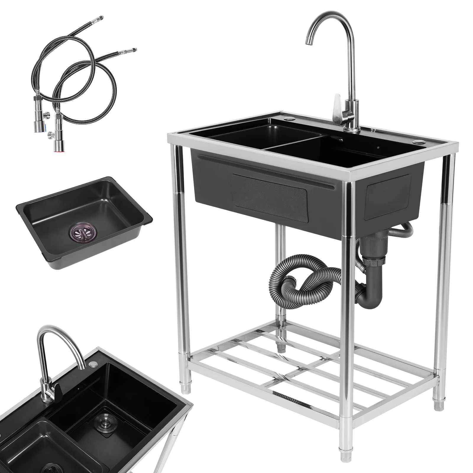 

304 Stainless Steel Single Bowl Sink with Stand Faucet Drain Kit for Kitchen Garage Laundry Room Bathroom Indoor Outdoor Use