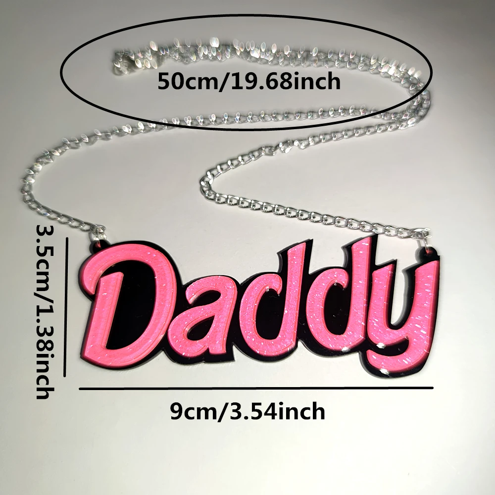 KUGUYS Hot Pink Daddy Pendant Necklace for Women Trendy Jewelry Glitter Fashion Acrylic Letters Sweater Chain