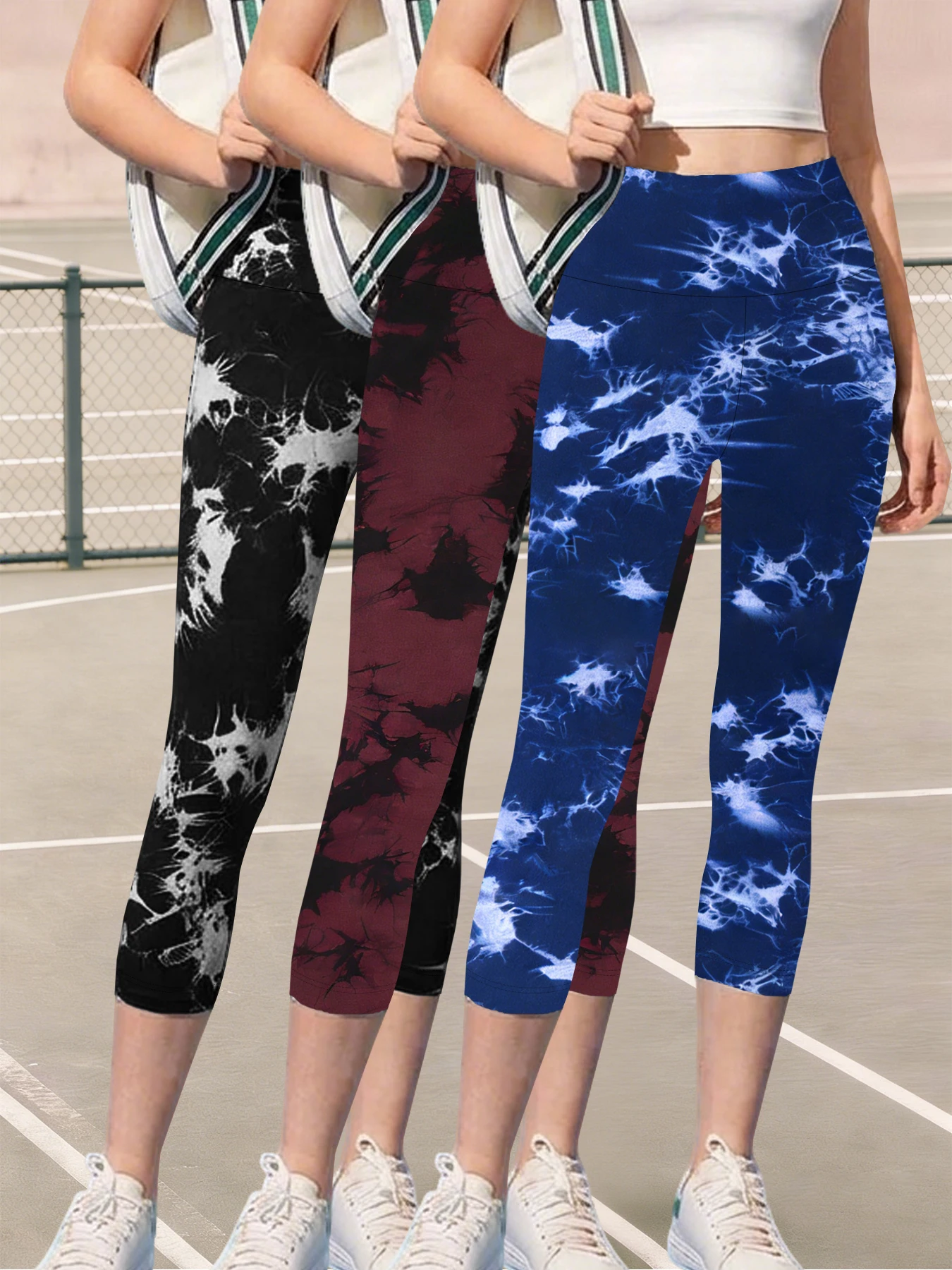 

3 Pack Super Soft High Waisted Tie Dye Sport Capri Pants for Women No See Through Workout Running Yoga