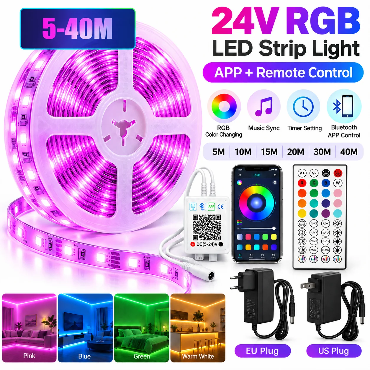 24V RGB LED Strip Lights Bluetooth App & Remote Control 5M-40M Flexible Ribbon Tape Room Decor Ambient Lighting EU US Plug
