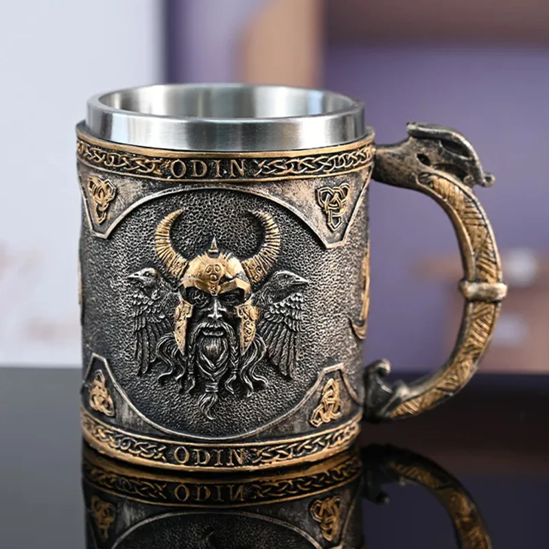 Odin Beer Glass Viking Resin Stainless Steel Mug Norse Mythology Beer Steins Drinkware Thor Tankard Coffee Cup Tea Tumbler Decor